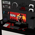 Gaming PC Setup With Monitor Tower Keyboard Mouse Headphones And Game Controllers