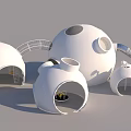 White Spherical Garden Ornaments With Different Sizes Openings And Linked Pathways 3d model