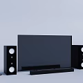 Modern Home Entertainment Electronics System with Flat Screen TV and Surround Sound Speakers