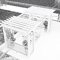 Outdoor Garden Pavilion with Wooden Lattice Structure Table Chairs Stone Wall and White Tile Floor