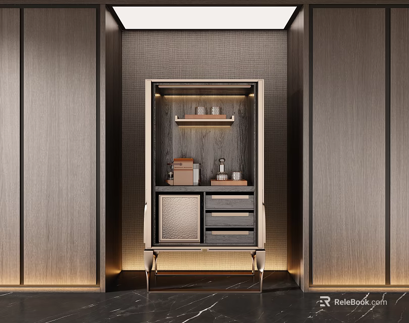 Elegant Modern Wine Cabinet Design With Wooden Shelves Metal Frame And Storage Drawers 3d model 