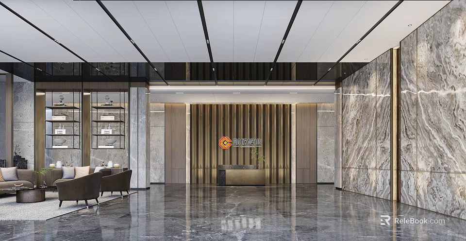 Elegant Modern Hotel Lobby Interior With Marble Floor Reception Desk And Sofa Area 3d model 