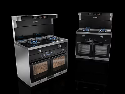 Modern Black And Silver Integrated Kitchen Stoves With Gas Burners And Ovens 3d model
