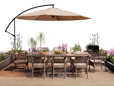 Outdoor Dining Table With Wicker Chairs Large Beige Umbrella And Plants On Wooden Deck 3d model