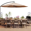 Outdoor Dining Table With Wicker Chairs Large Beige Umbrella And Plants On Wooden Deck
