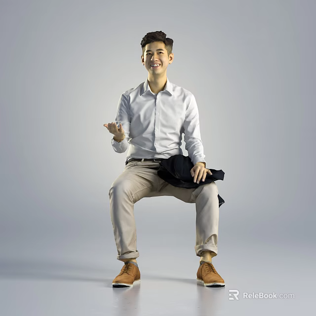 Man Sitting in White Shirt Khaki Pants Brown Shoes Holding Dark Coat With Smiling Face 3d model 