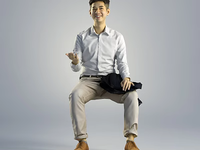 Man Sitting in White Shirt Khaki Pants Brown Shoes Holding Dark Coat With Smiling Face 3d model