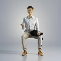Man Sitting in White Shirt Khaki Pants Brown Shoes Holding Dark Coat With Smiling Face 3d model