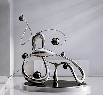 Silver Abstract Sculpture With Curved Lines Black Spheres And Black Base On Gray Wall Background 3d model
