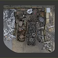 Rusty And Blue Containers Filled With Tires And Metal Scraps In Wooden Enclosed Area