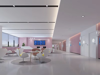 Modern Waiting Area Interior With Pink Walls White Chairs And Digital Screens 3d model