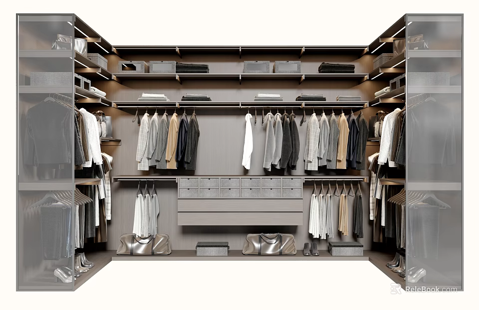 Modern Walk In Wardrobe Design With Hanging Rails Storage Drawers And Shelves 3d model 