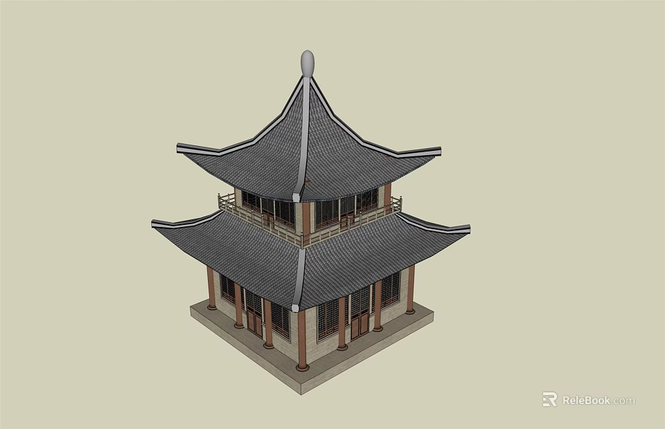 Traditional Ancient Chinese Architecture Two Story Design With Overhanging Eaves And Tile Roof 3d model 