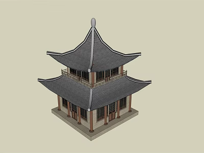 Traditional Ancient Chinese Architecture Two Story Design With Overhanging Eaves And Tile Roof 3d model