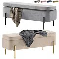 Modern Gray and Beige Sofa Bench with Black Gold Metal Legs and Plaid Blankets