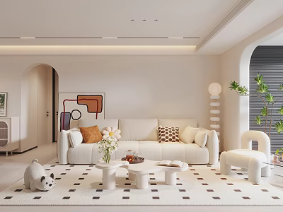 Modern Living Room Interior With White Sofa Geometric Rug Coffee Tables And Decorative Plants 3d model