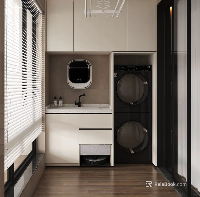 Modern Laundry Room With Stacked Washer Dryer White Cabinets Countertop And Faucet 3d model 