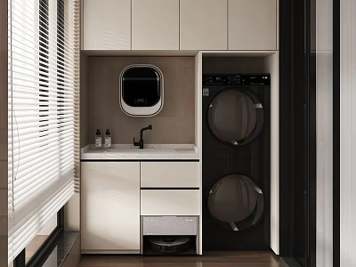 Modern Laundry Room With Stacked Washer Dryer White Cabinets Countertop And Faucet 3d model