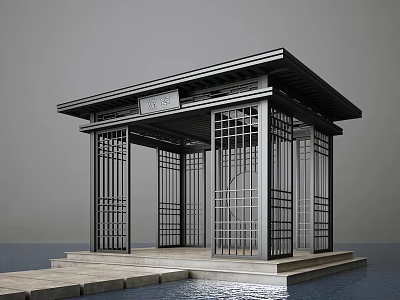 Modern Pavilion With Metal Frame Decorative Grilles And Waterfront Wooden Platform 3d model
