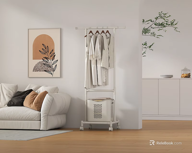 White Rolling Clothes Rack With Hanging Clothes Storage Basket And Decorative Painting In Living Room 3d model 