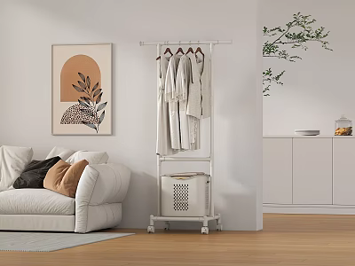 White Rolling Clothes Rack With Hanging Clothes Storage Basket And Decorative Painting In Living Room 3d model