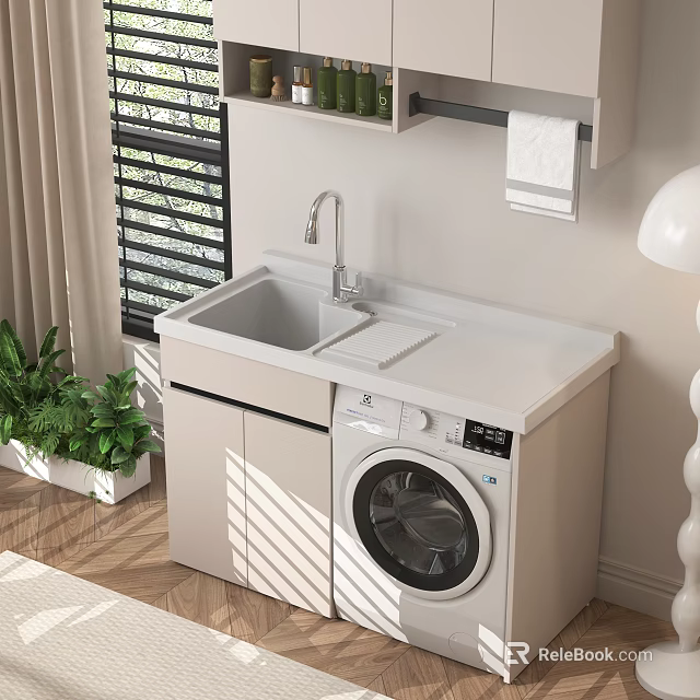 Modern Home Balcony Laundry Area With Sink Washing Machine Blinds And Green Plants 3d model 