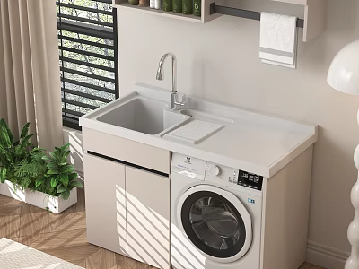 Modern Home Balcony Laundry Area With Sink Washing Machine Blinds And Green Plants 3d model