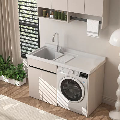 Modern Home Balcony Laundry Area With Sink Washing Machine Blinds And Green Plants 3d model