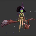 Red Haired Witch Riding Broomstick With Small Bag And Glowing Sprites 3d model