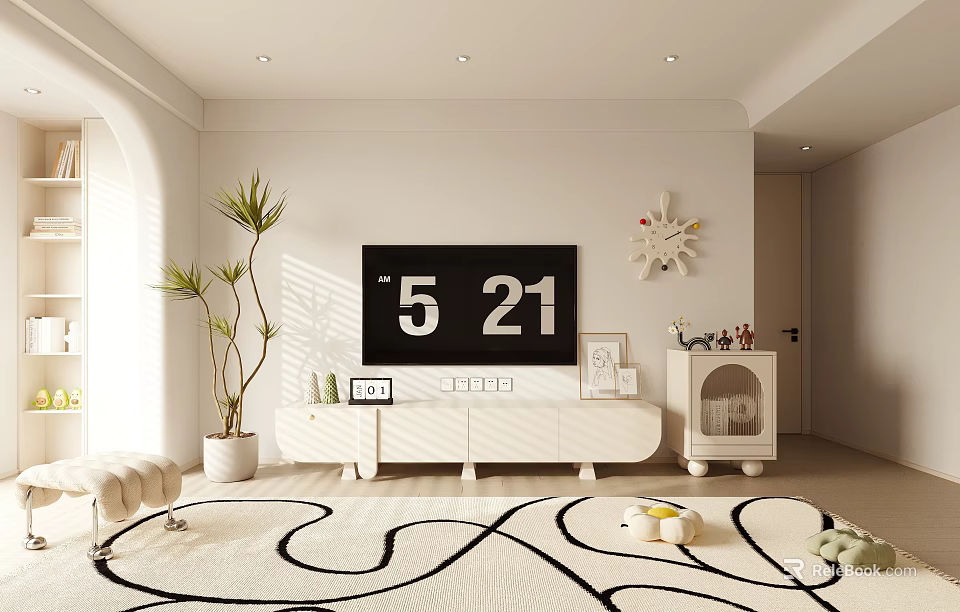 Modern Living Room Interior With TV Stand Abstract Rug Potted Plant And Decorative Items 3d model 