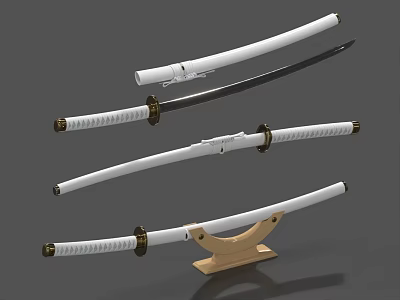 Traditional Katana Swords With White Handles And Scabbards On Wooden Stand 3d model