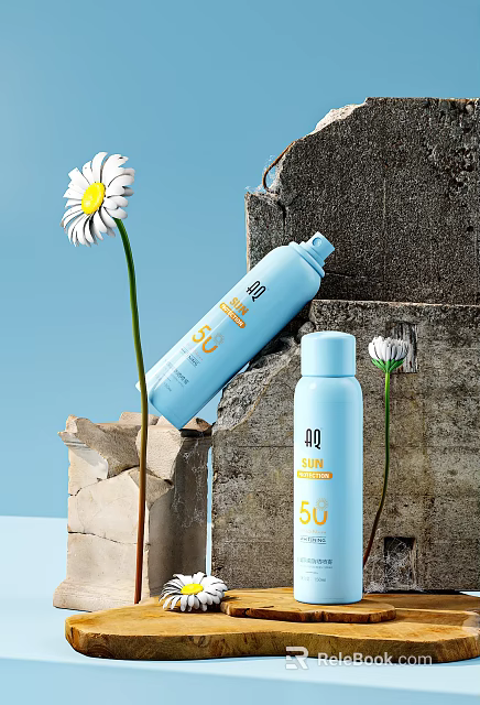 Blue SPF50 Sun Protection Spray And Lotion With White Daisy Display On Stone Wall 3d model 