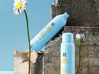 Blue SPF50 Sun Protection Spray And Lotion With White Daisy Display On Stone Wall 3d model