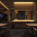 Modern Restaurant Interior With Open Layout Dining Table Chairs And Pendant Lights 3d model