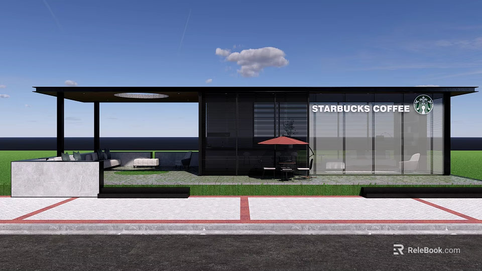 Modern Starbucks Coffee Shop Exterior With Glass Facade Outdoor Seating And Green Lawn 3d model 