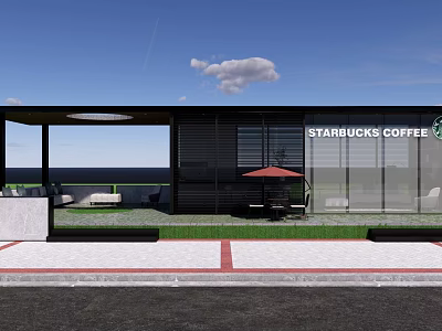 Modern Starbucks Coffee Shop Exterior With Glass Facade Outdoor Seating And Green Lawn 3d model