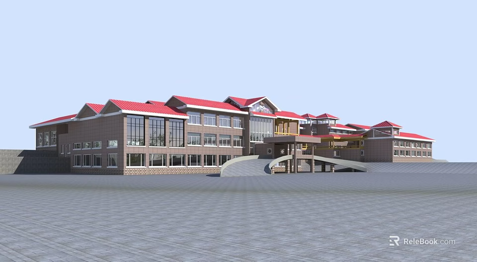 Hotel Building with Red Roof Multi Story Structure Large Glass Windows and Front Plaza Area 3d model 