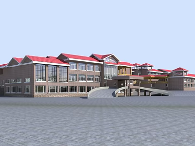 Hotel Building with Red Roof Multi Story Structure Large Glass Windows and Front Plaza Area 3d model