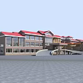 Hotel Building with Red Roof Multi Story Structure Large Glass Windows and Front Plaza Area