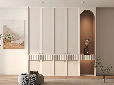 Modern Minimalist White Wardrobe With Cabinet Doors Arched Open Niche Decorative Painting Wooden Flooring 3d model