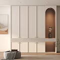 Modern Minimalist White Wardrobe With Cabinet Doors Arched Open Niche Decorative Painting Wooden Flooring