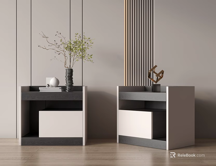 Modern Bedside Tables With Black White Design Vase Green Plants Books And Decorative Sculpture 3d model 