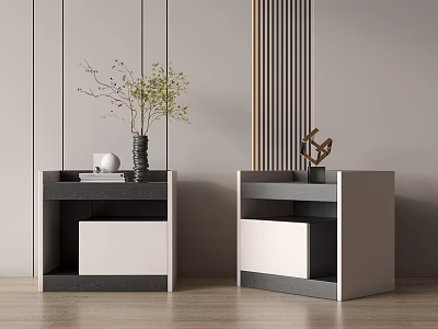 Modern Bedside Tables With Black White Design Vase Green Plants Books And Decorative Sculpture 3d model