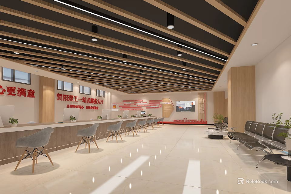 Modern Service Hall Interior With Spacious Waiting Area Service Counter And Bright Lighting 3d model 