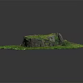 Round Green Grass Area With Wooden Stump And Stone Features Covered In Moss
