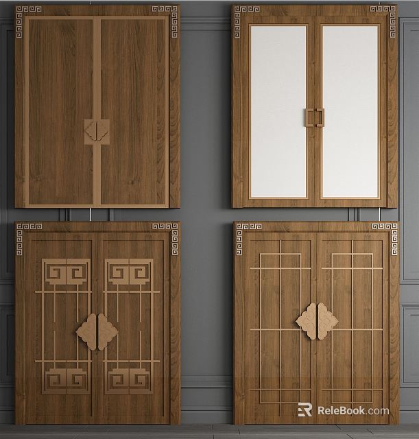 Wooden Double Doors Featuring Decorative Glass Panels Geometric Patterns And Metal Accents 3d model 
