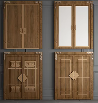 New Chinese style double door double door solid wood door flat door box double 3d model