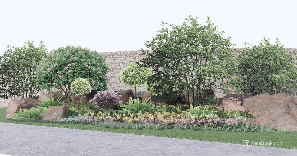 Tall Trees in Landscaped Garden with Stone Wall and Lush Green Plants 3d model 