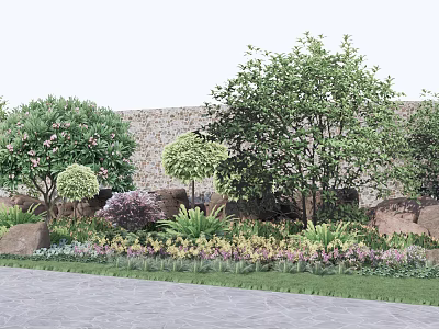Tall Trees in Landscaped Garden with Stone Wall and Lush Green Plants 3d model
