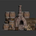 Rustic Brick Stove With Wooden Barrels Stacked Logs And Hay Elements 3d model